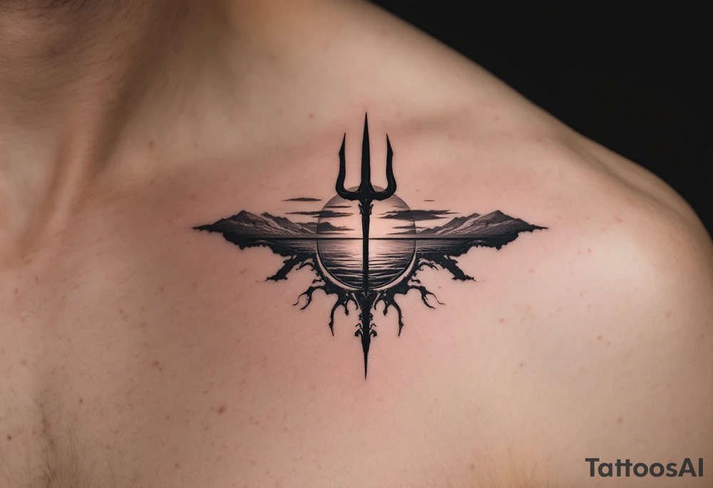 trident half way under calm water with sunset tattoo idea