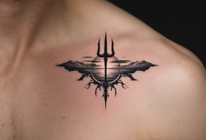 trident half way under calm water with sunset tattoo idea