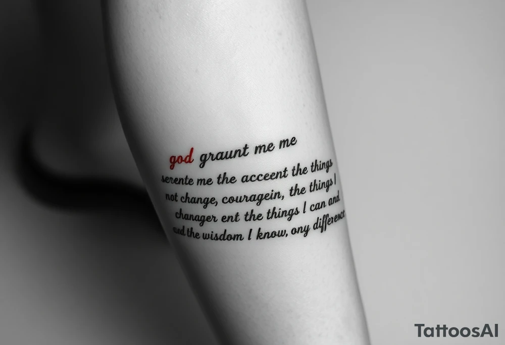 Generate a leg tattoo going horizontial down a women’s leg all the way down saying “god grant me the serenity to  accept the things I can not change courage to change the things I can and the wisdom to know the difference” put god , serenity , courage, and wisdom in red tattoo idea