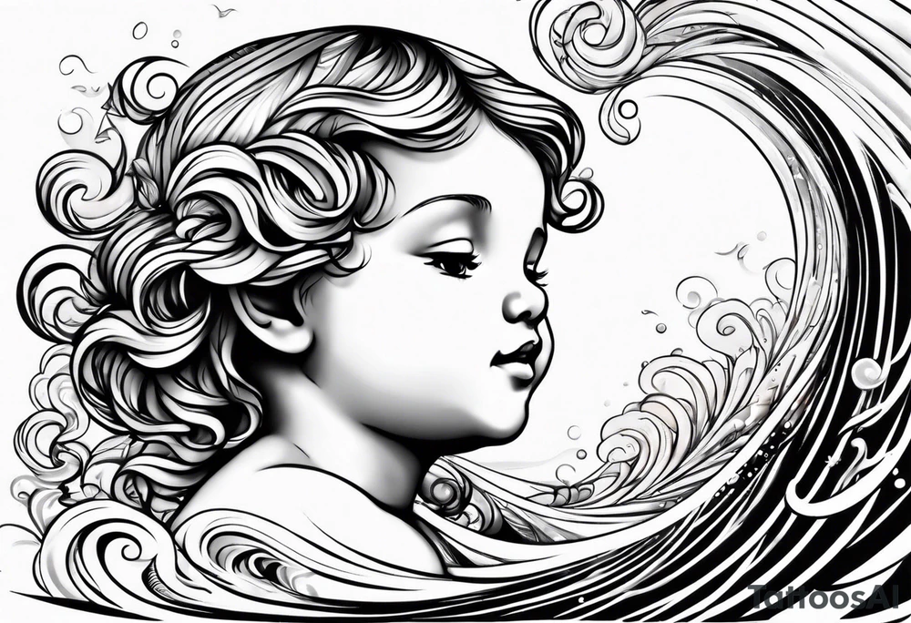 Wave and baby angel tattoo idea