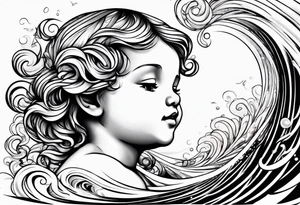 Wave and baby angel tattoo idea