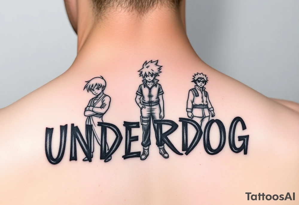 the word underdog in a cool font with 3 anime characters Goku ippo and Naruto one standing in the middle one standing on the right and one standing on the left
 on a shoulder tattoo idea