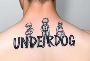 the word underdog in a cool font with 3 anime characters Goku ippo and Naruto one standing in the middle one standing on the right and one standing on the left
 on a shoulder tattoo idea
