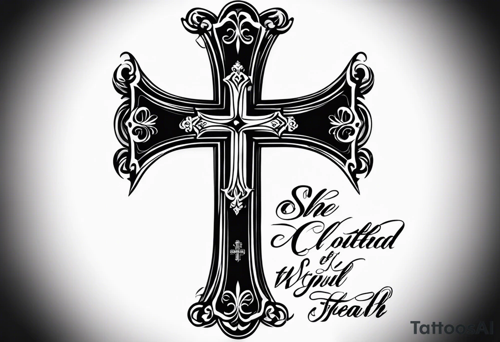 Create a small wrist sized tattoo that has Proverbs 31:25 "She is clothed with strength and dignity, and she laughs without fear of the future"

I would like a cross with text wrapped around it tattoo idea