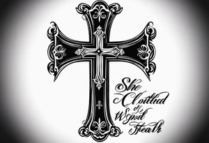 Create a small wrist sized tattoo that has Proverbs 31:25 "She is clothed with strength and dignity, and she laughs without fear of the future"

I would like a cross with text wrapped around it tattoo idea