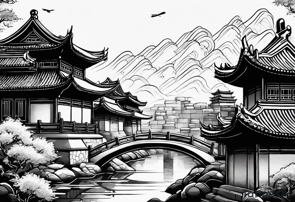 Chinesischer see mit der Mauer im hintergrund und verschiedenen Tieren tattoo idea