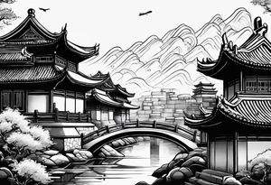 Chinesischer see mit der Mauer im hintergrund und verschiedenen Tieren tattoo idea