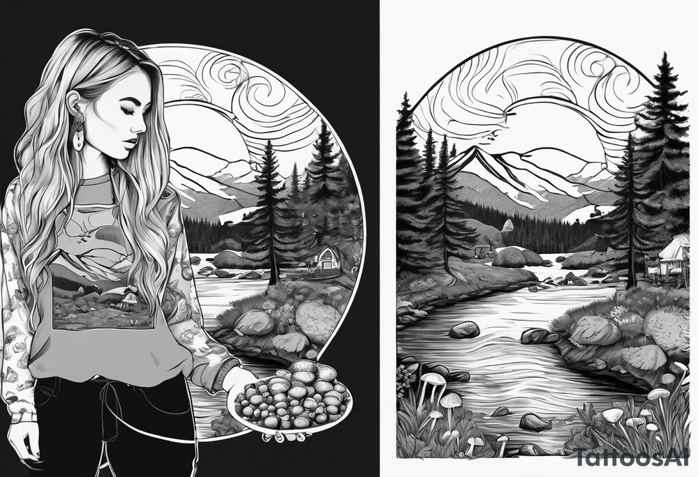 Whole picture encircled fully

Straight long blonde hair hippie girl in distance holding mushrooms in hand facing away toward mountains and creek surrounded by mushrooms long sleeve shirt and hiking pants; whole rendering within a full circle, no cut off circle tattoo idea