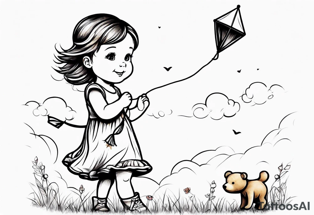 whimsical picture of a little girl flying a kite and holding a teddy bear tattoo idea