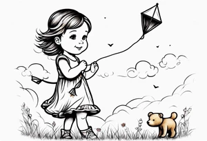 whimsical picture of a little girl flying a kite and holding a teddy bear tattoo idea