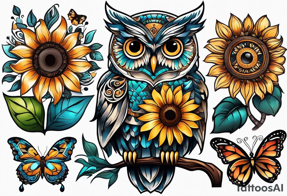 Owl, butterfly and sunflower are sleeve tattoo idea