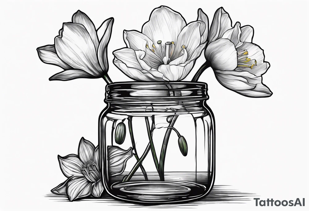 A daffodil a water lily and a morning glory in a jar tattoo idea