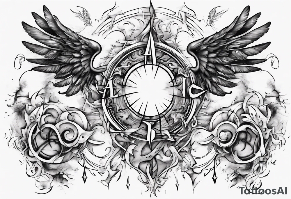 Chest tatoo abstraction with sun and letters and angels tattoo idea