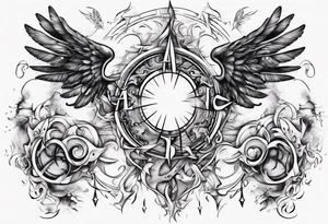 Chest tatoo abstraction with sun and letters and angels tattoo idea
