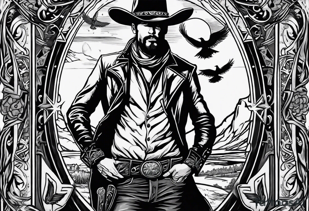 sleeve with a wild west vibe with elements of a cowboy, playing cards, and birds tattoo idea