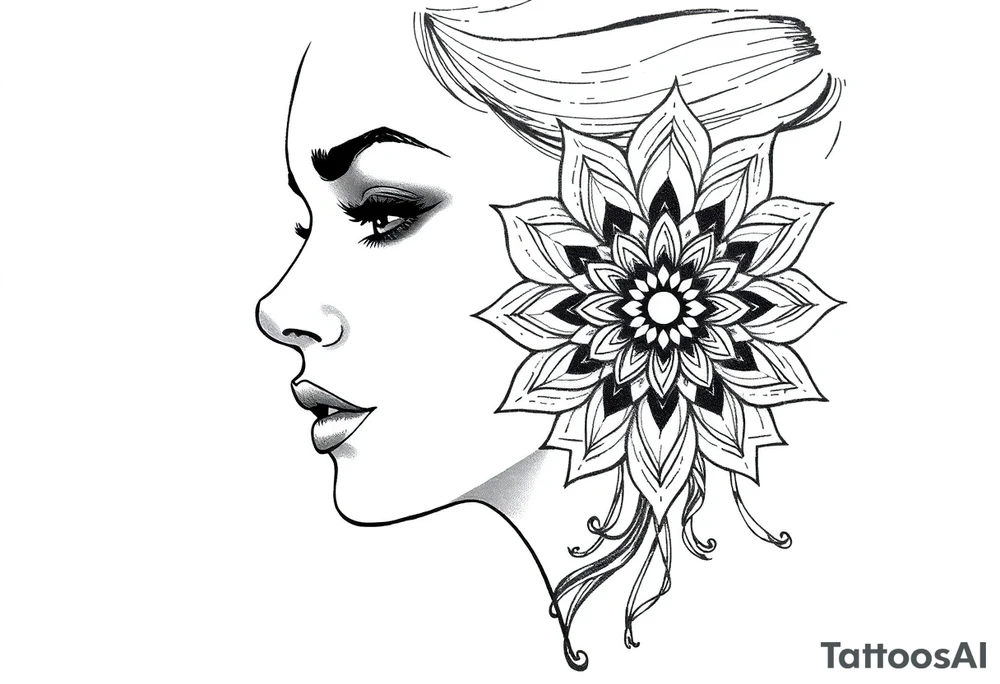 Powerful side profile woman’s face with mandala tattoo idea