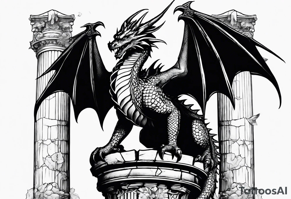 Small Dragon after a war, standing on two broken roman columns with his back to us tattoo idea