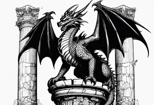 Small Dragon after a war, standing on two broken roman columns with his back to us tattoo idea