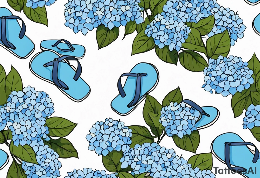 small tattoo of a single pastel blue flip flop surrounded by blue and periwinkle hydrangea flowers with green leaves tattoo idea