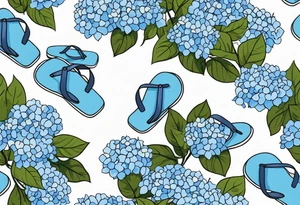 small tattoo of a single pastel blue flip flop surrounded by blue and periwinkle hydrangea flowers with green leaves tattoo idea