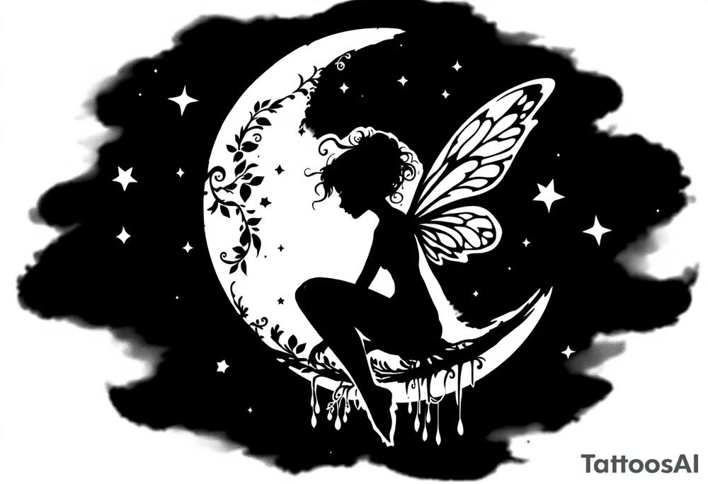 Silhouette of a Fairy sitting on moon with dangles. tattoo idea