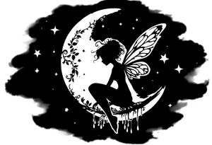 Silhouette of a Fairy sitting on moon with dangles. tattoo idea