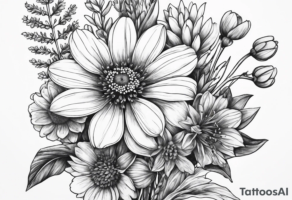 long stem wildflower bouquet tattoo idea