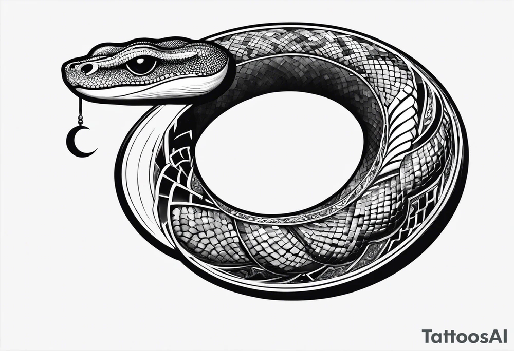 simple snake wrapped around a crescent moon, from bottom up tattoo idea