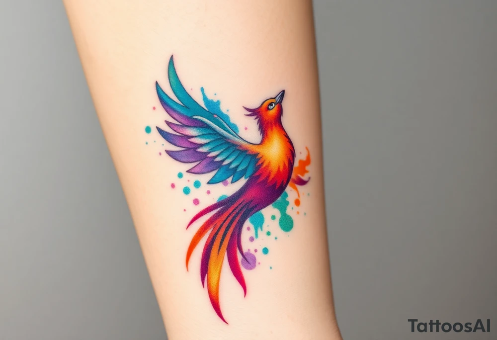 Phoenix in flames with purple, blue, orange, teal and green splashes, looking upwards with sharp eye. No outline. tattoo idea