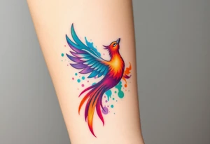 Phoenix in flames with purple, blue, orange, teal and green splashes, looking upwards with sharp eye. No outline. tattoo idea