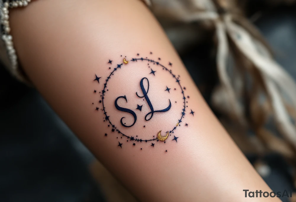 Celestial Monogram – Midnight blue and gold “S ∗ L” with small stars and a crescent moon orbiting the letters. tattoo idea