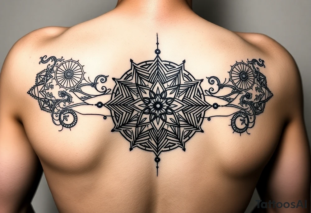 Black ink. Start from wrist, up to a few inches above the elbow, and wrap all around the arm. Use densely interwoven scared geometry symbols of peace, prosperity, health, compassion, and spiritual awakening and enlightenment. Interweave the word “Rakan” and the word “Dalea”. And finally, interweave this text:

All beings one body, I vow to liberate.
Blind passions one root, I vow to terminate.
Dharma gates one mind, I vow to penetrate.
The great Way of Buddha, I vow to realize. tattoo idea