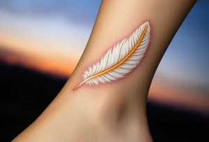An angel’s feather in soft white with golden tips, floating gently against a twilight sky tattoo idea
