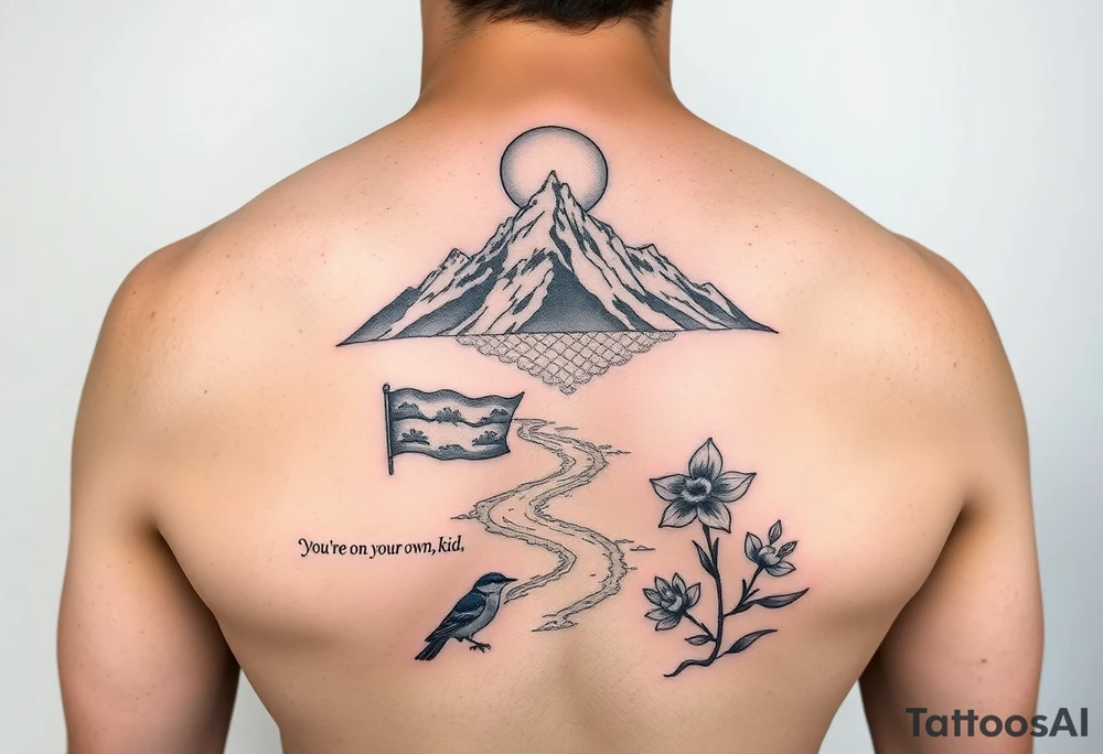 create an upper arm sleeve with buddhist prayer flags, mountain, river, "you're on your own, kid", little blue bird, daffodil, and full moon tattoo idea