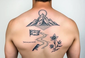 create an upper arm sleeve with buddhist prayer flags, mountain, river, "you're on your own, kid", little blue bird, daffodil, and full moon tattoo idea
