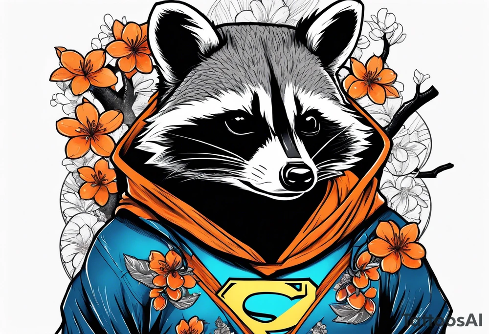 raccoon wearing a Superman hoodie with orange cherry blossoms tattoo idea