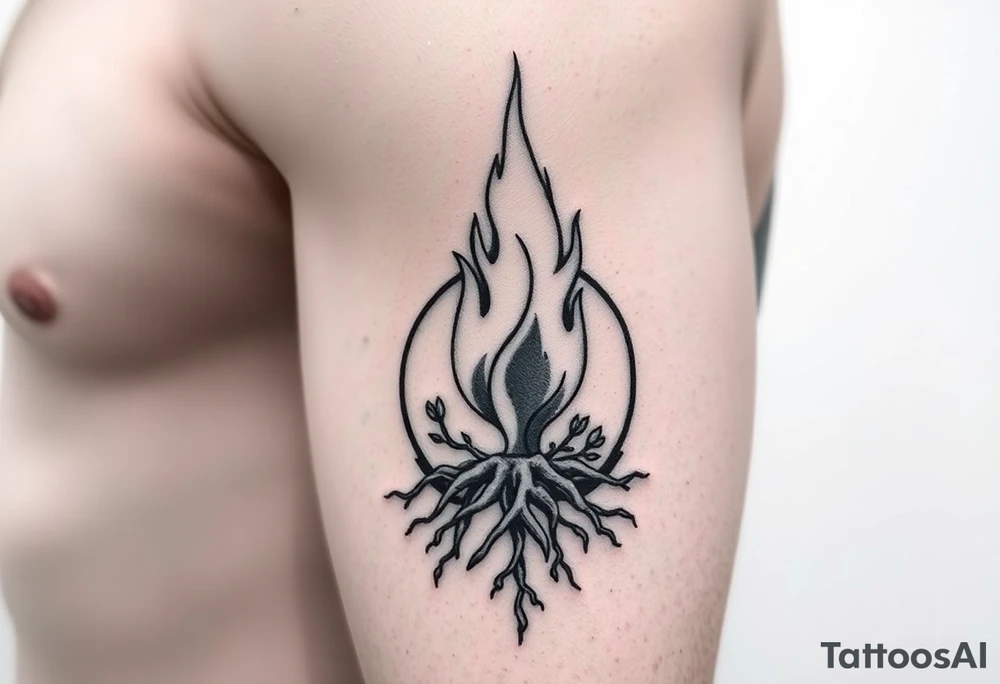 flame in a roots circle, with little sprouts on the circle tattoo idea