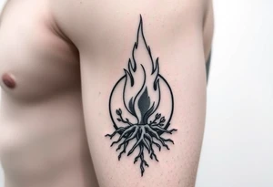 flame in a roots circle, with little sprouts on the circle tattoo idea