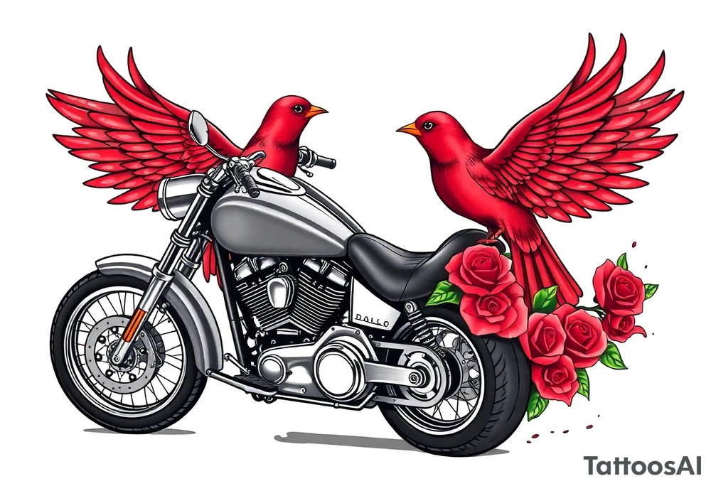 Harley grey motorcycle driving away, two red birds flying, roses, flames, angel wings tattoo idea