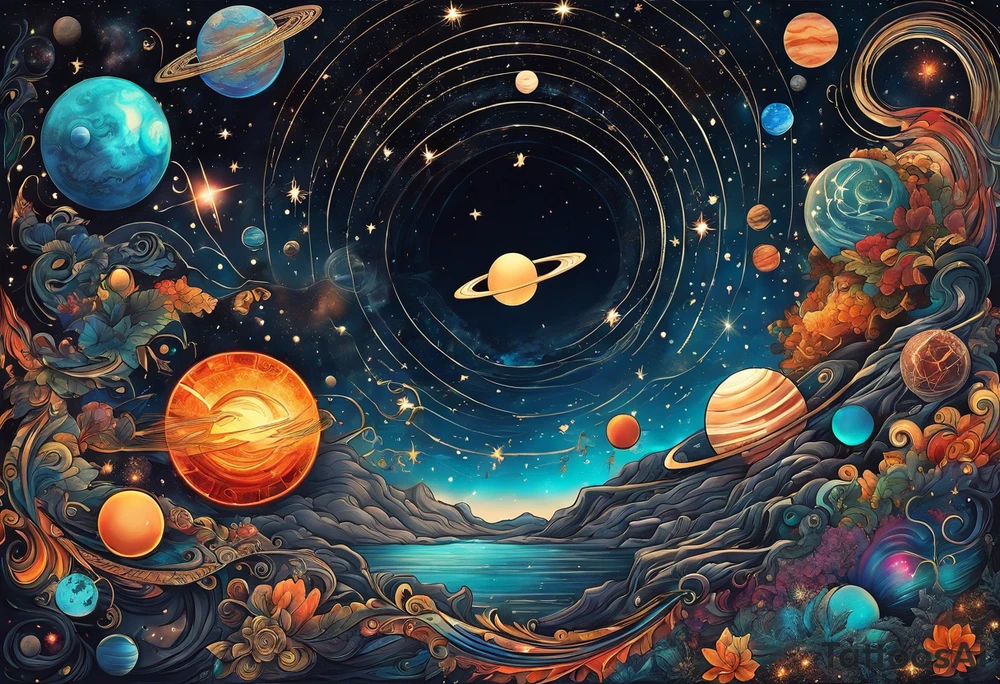 A tattoo featuring a cosmic scene with planets, black holes, and supernovae intertwined with intricate linguistic symbols, reflecting the client's interests in cosmology and linguistics. tattoo idea