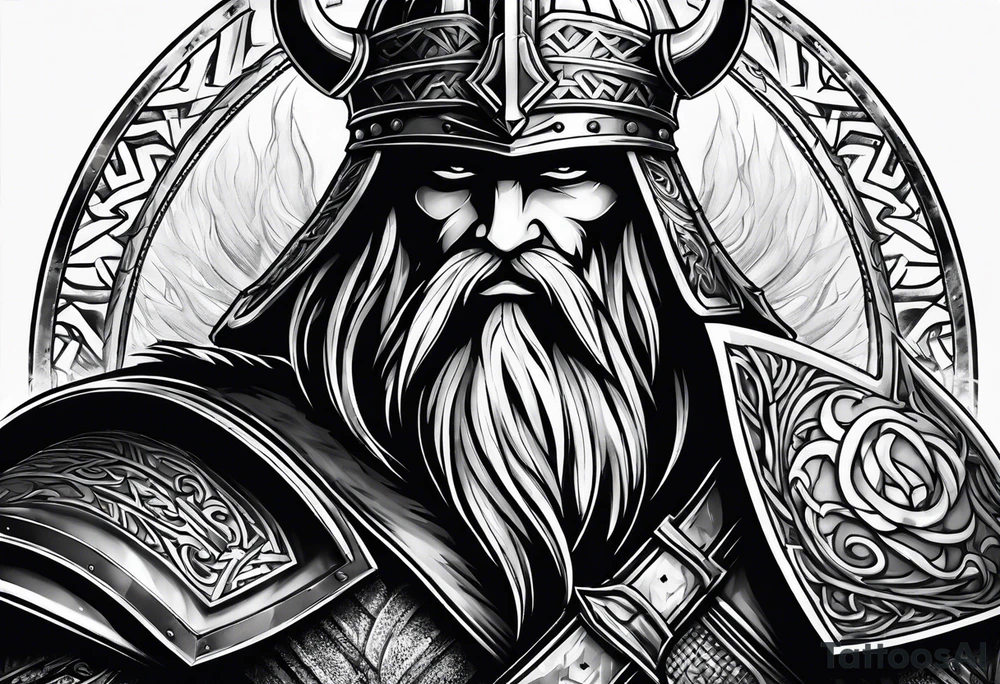Valhalla sword shield axe mist fog tattoo idea