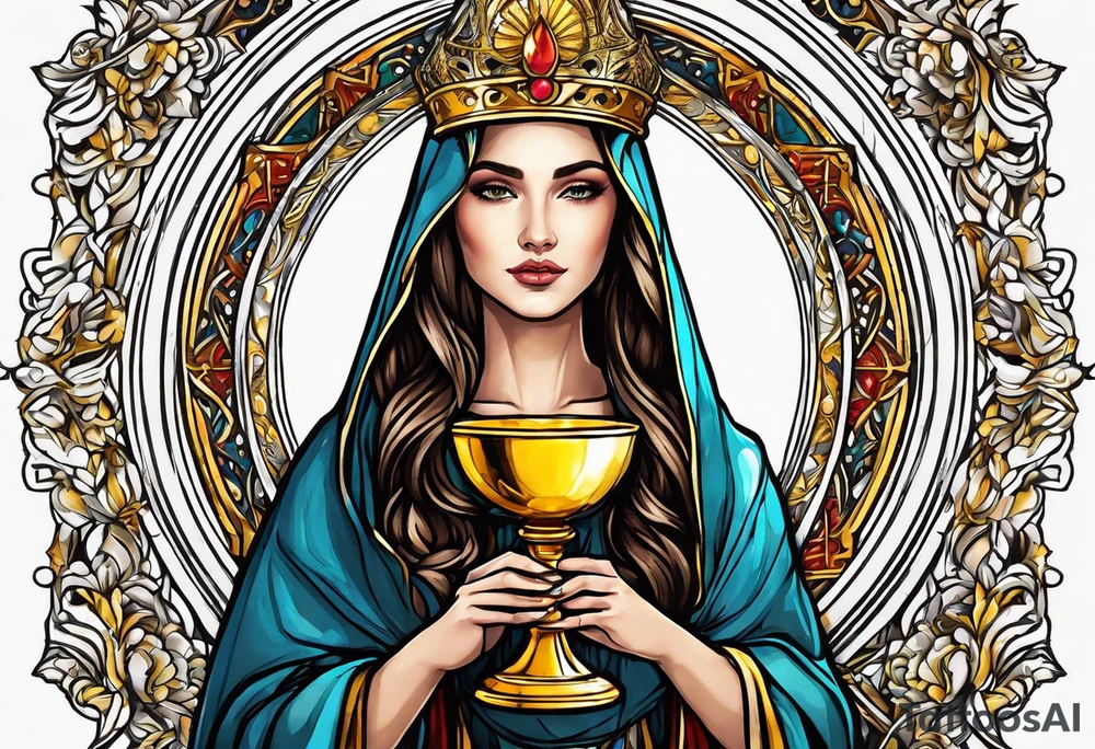 holy saint woman turned away with golden halo holding a chalice tattoo idea