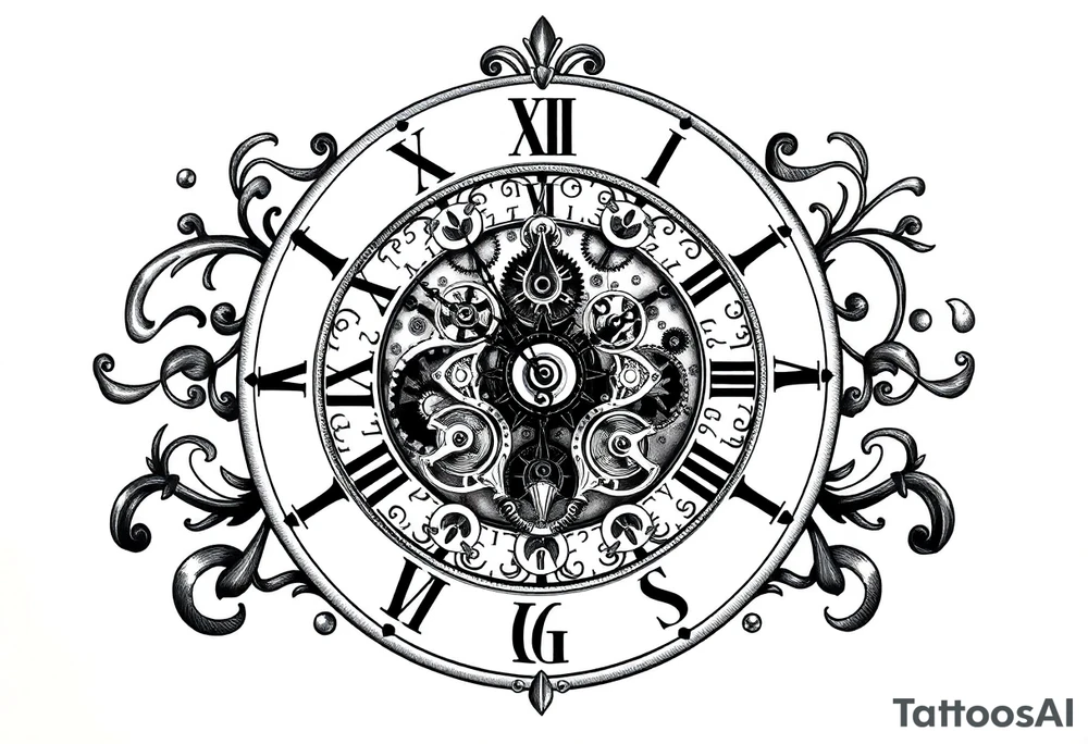 vintage roman numerals within ornate clockwork mechanism tattoo idea