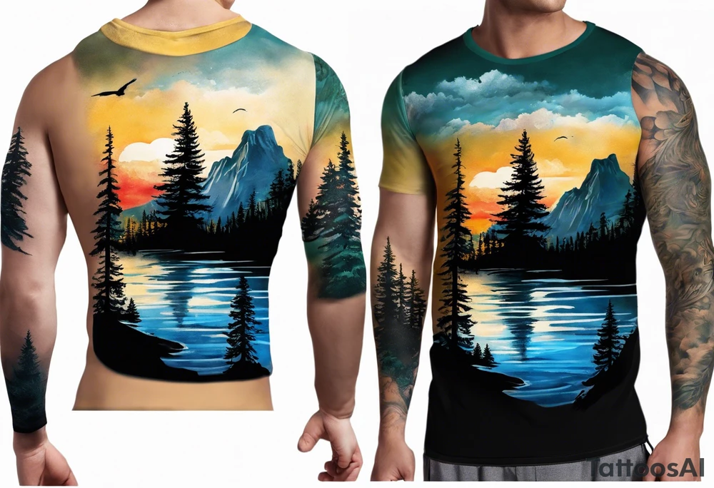 Sleeve tattoo windswept pine tree before lake with low rockface on far side of lake. Mastiff silhouette in the foreground. with a dock coming out from the shore. Canadian shield. 
Script write the words "If the sun refused to shine
I would still be loving you
When mountains crumble to the sea
There will still be you and me" tattoo idea