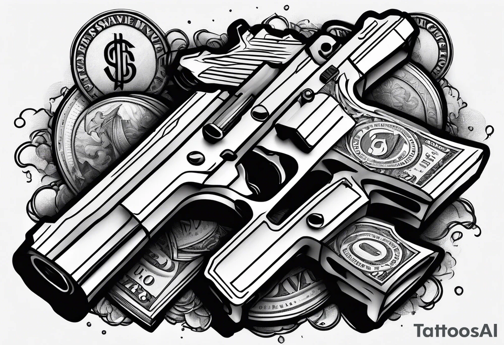 letters savage with money an gun smoke tattoo idea