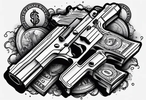 letters savage with money an gun smoke tattoo idea