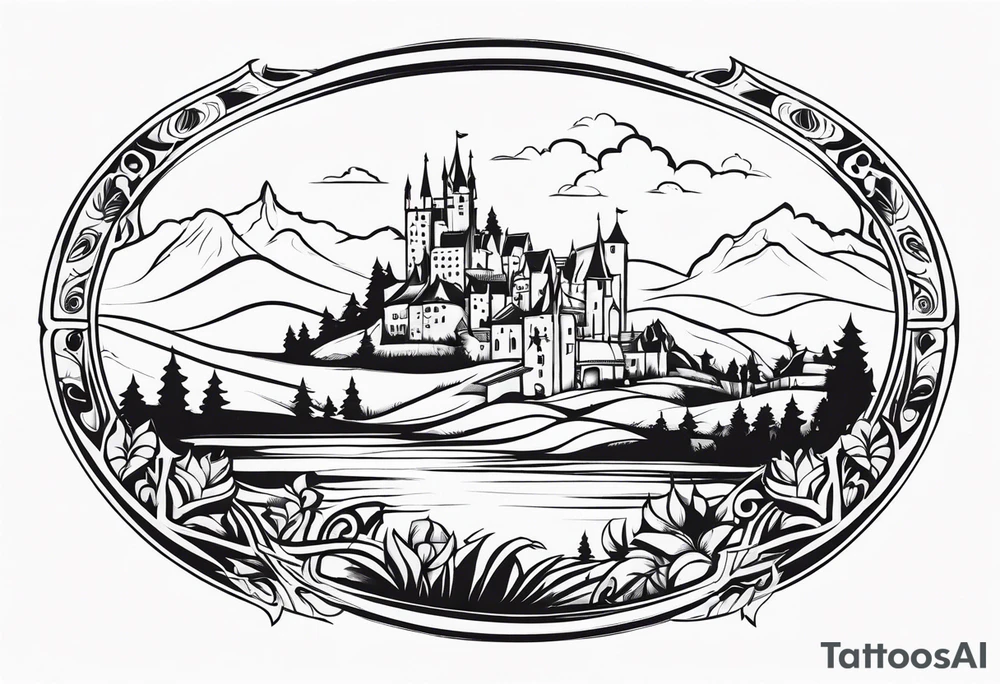 medieval tribal city 
floral  land  vignette tattoo idea