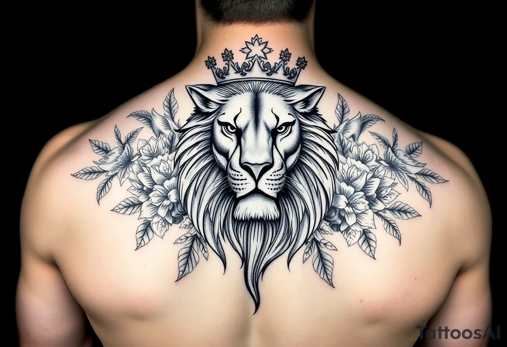 powerful majestic lion with a crown, surrounded by floral ornaments and birds tattoo idea