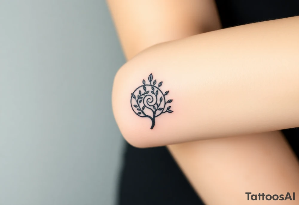 Fibonacci spiral shell inside of tree with little leaves tattoo idea