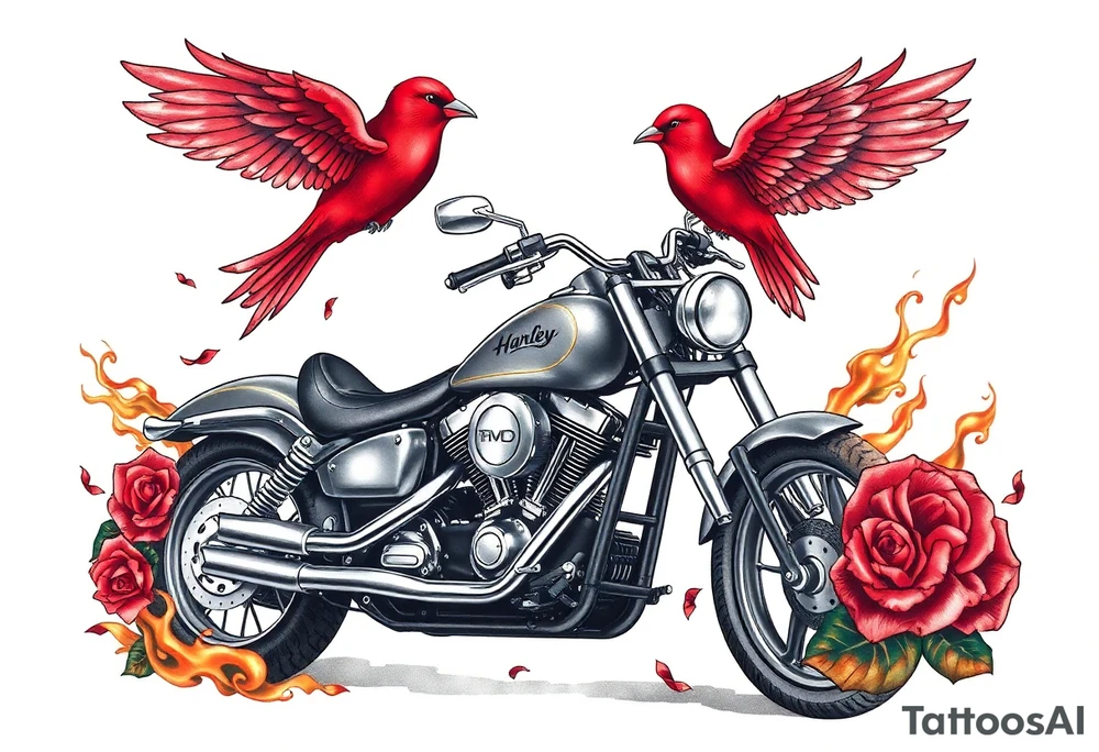 Harley grey motorcycle driving away, two red birds flying, roses, flames,angel wings tattoo idea